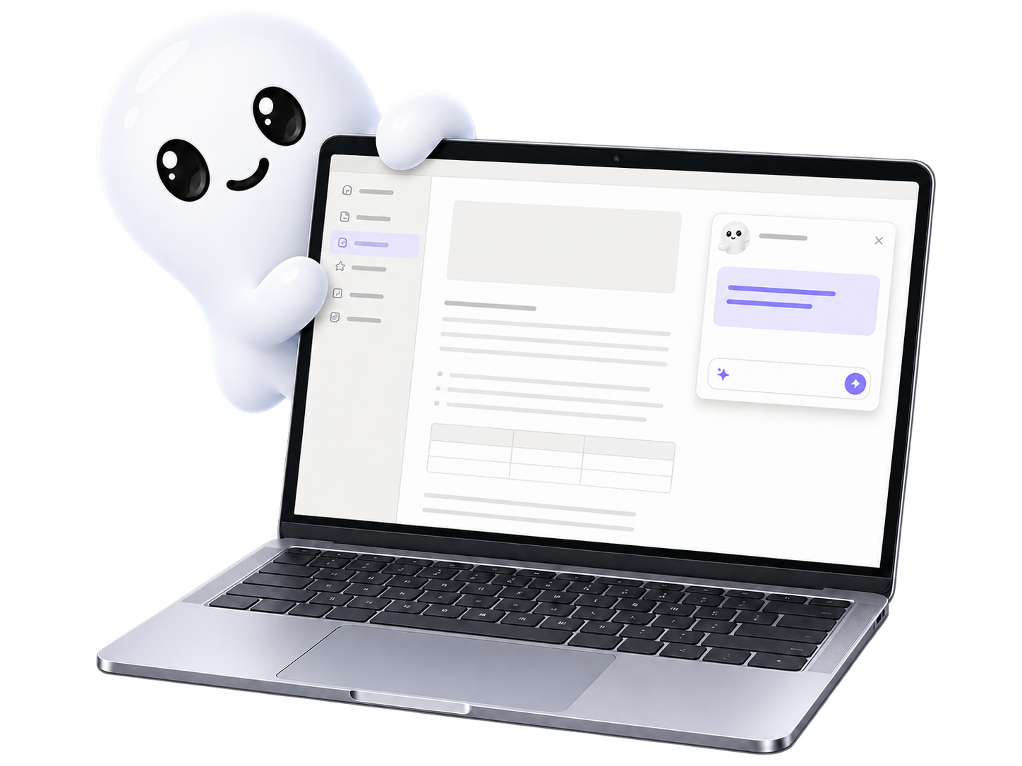 Ghost beside a laptop showing the Ghost desktop assistant